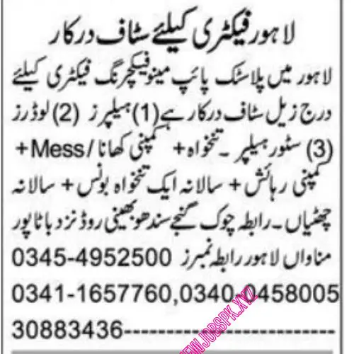 Factory Jobs In Lahore in June 2024