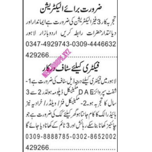 Factory Worker Jobs In Lahore in 2024