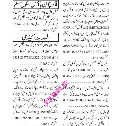 Teaching Jobs In Karachi Today Newspaper in July 2024